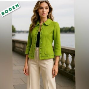 BODEN Linen Cotton Bland Lime Polka Dot Trim Blazer Size 4